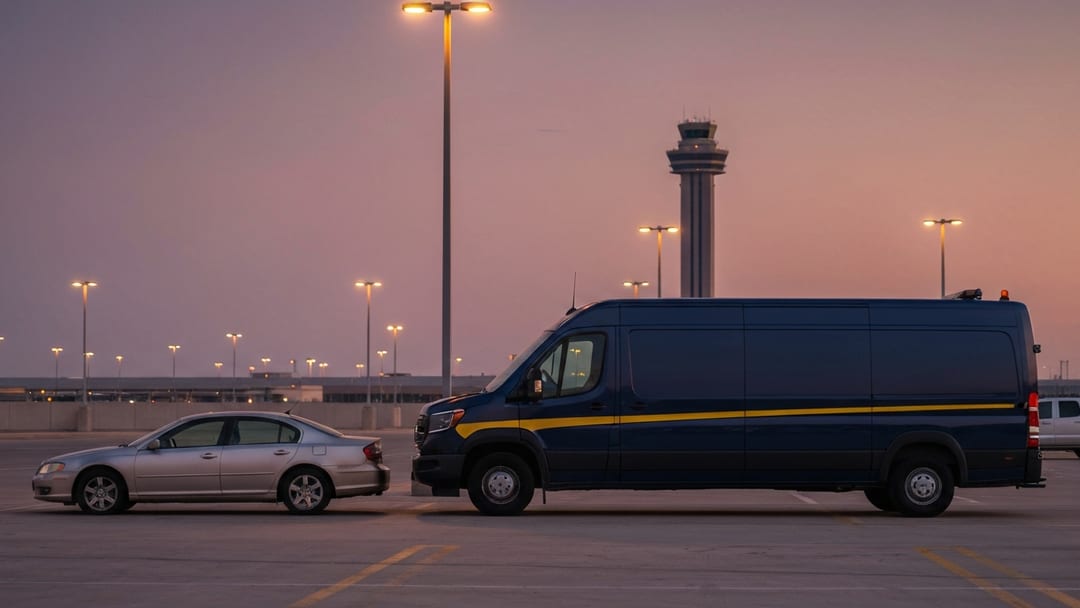 Van de cerrajero móvil en estacionamiento del aeropuerto al anochecer en Chicago