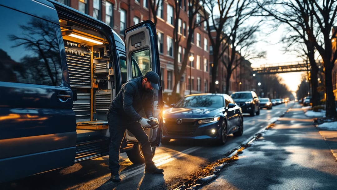Camioneta de cerrajero automotriz móvil estacionada junto a un carro en una calle de Chicago con herramientas de programación de llaves