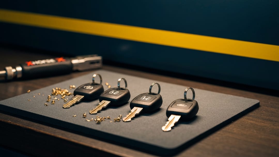 Tres llaves transponder recién cortadas para Honda Toyota Ford en un taller cerrajero de Chicago