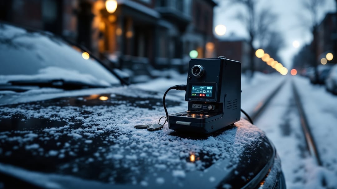 Un cerrajero móvil corta y programa una llave transponder sobre el cofre de un sedán en una calle nevada de Pilsen, Chicago