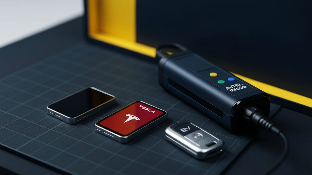 Tarjeta key card Tesla y key fob EV moderno sobre mesa con herramienta Autel IM608 en Chicago