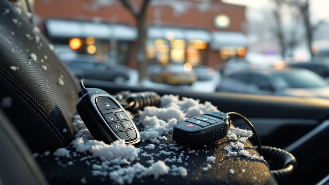 Fob de proximidad y equipo de programación sobre el asiento de una SUV compacta en un lote nevado de Chicago