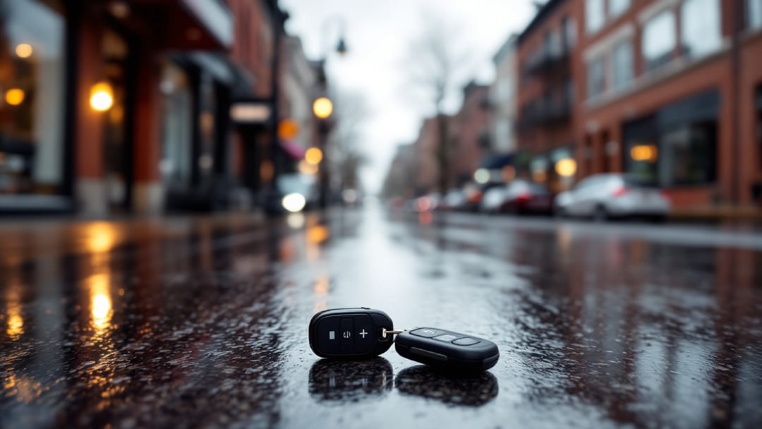 Llave de proximidad de carro caída sobre el pavimento mojado de una calle de Chicago tras la lluvia