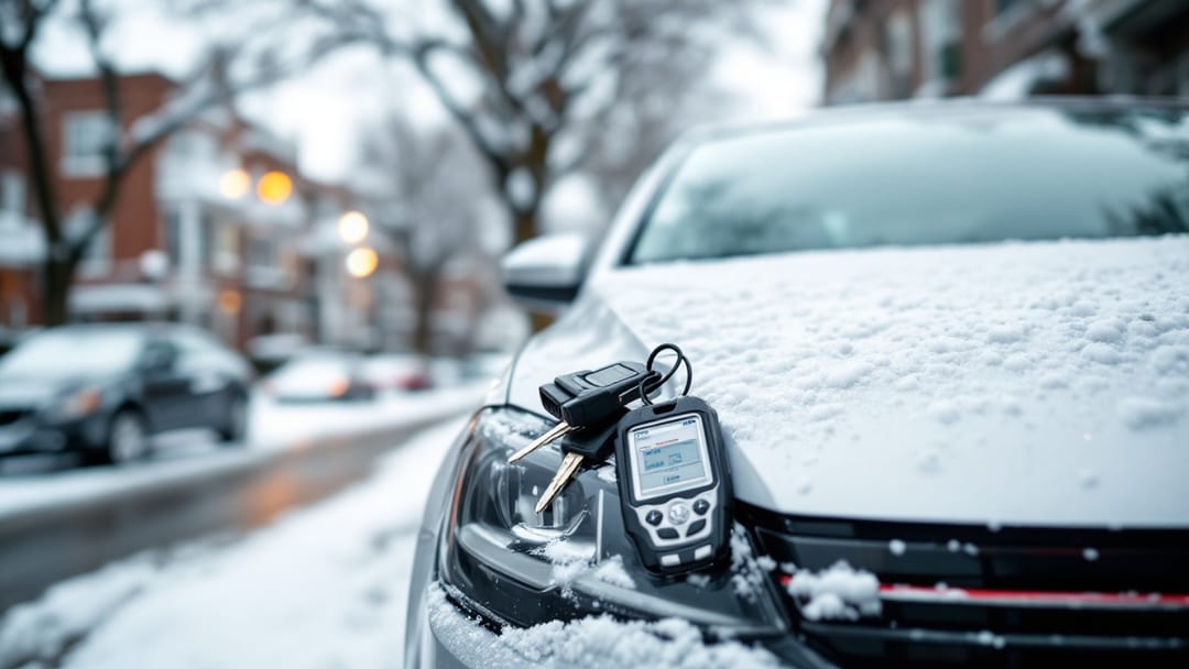 Llave de Volkswagen Jetta y llave de Audi A4 junto a un equipo de programación sobre el capó de un sedán en una calle nevada de Chicago