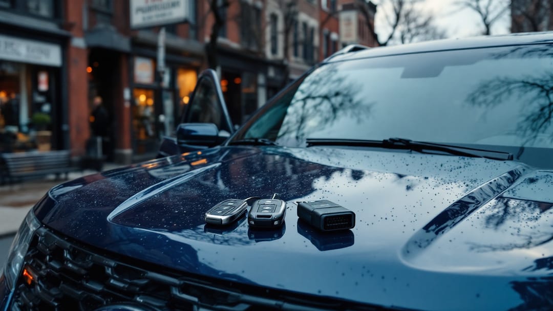 Dos llaves de Ford Explorer sobre el capó de una SUV junto a un programador conectado al puerto OBD en una calle de Chicago
