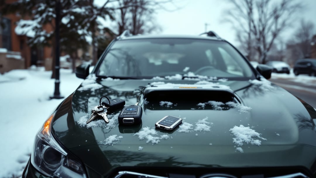 Llave de repuesto de Subaru Outback recién cortada junto a la original sobre el capó de una camioneta en un estacionamiento nevado de Chicago