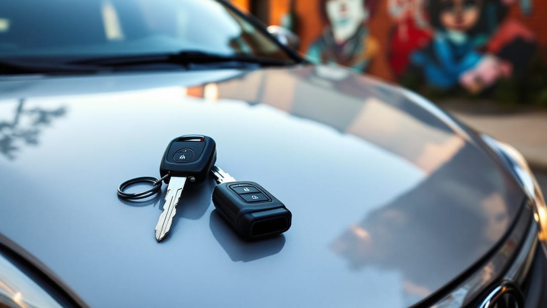 Llave con chip de Toyota Corolla recién duplicada junto a la original sobre el capó de un sedán en una calle de Chicago