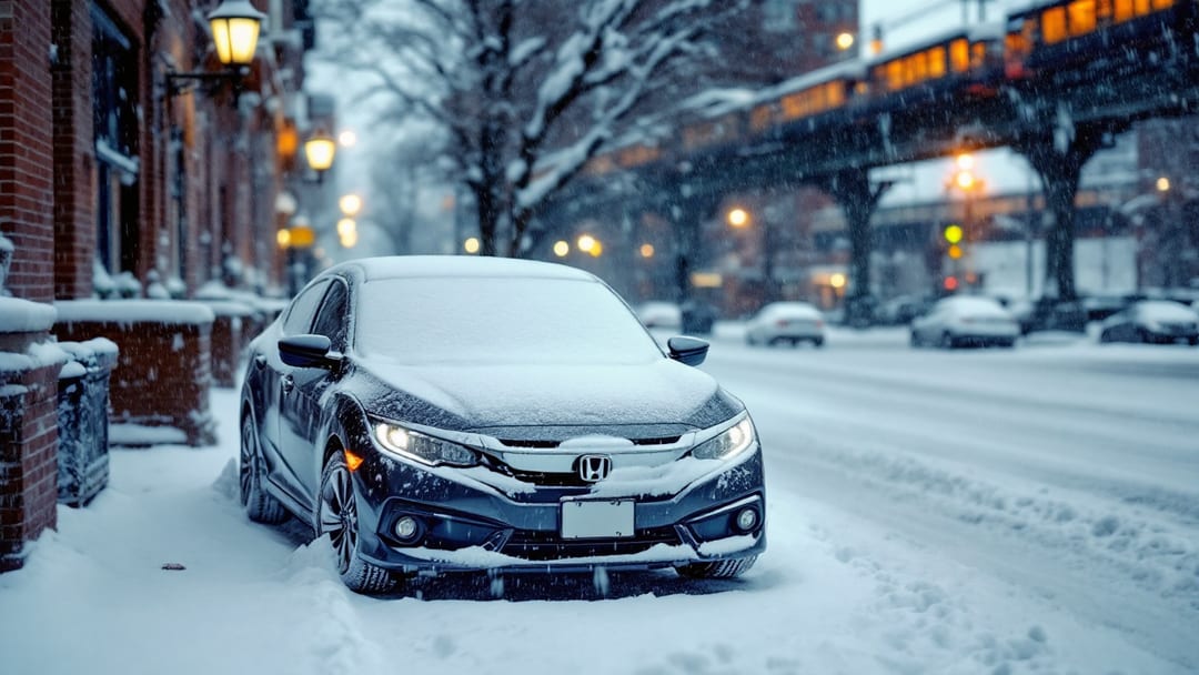 Sedán Honda cubierto de nieve estacionado en una calle de ladrillo de Chicago durante una tormenta invernal mientras un cerrajero móvil repara la ignición