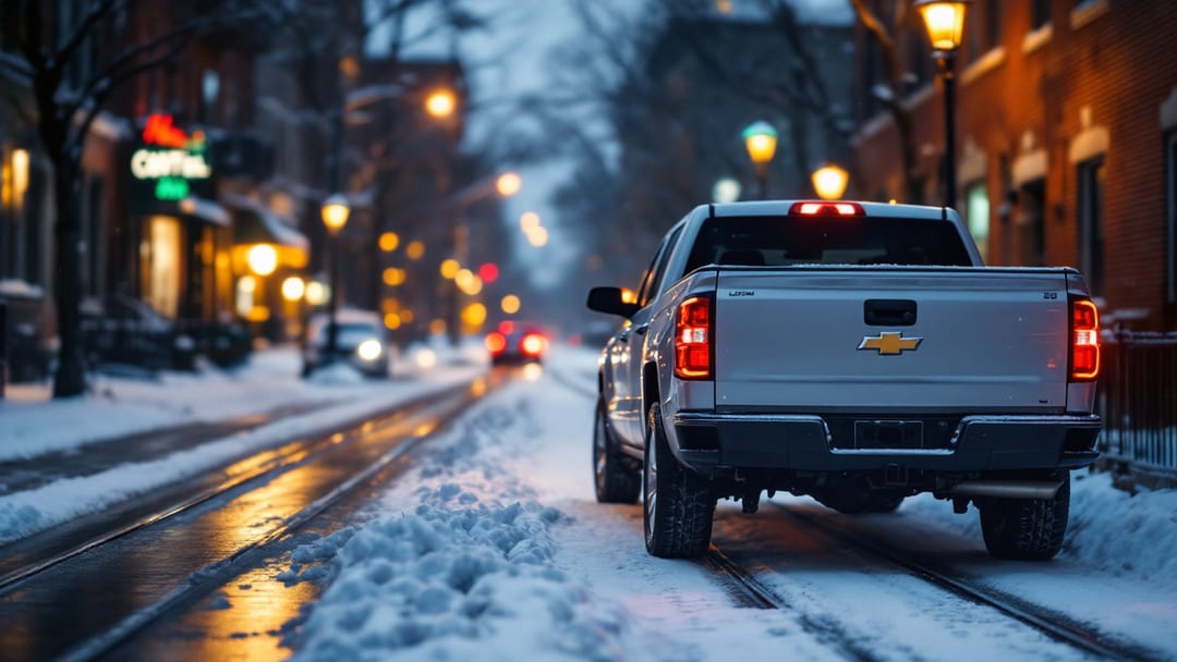 Camioneta Chevrolet Silverado plateada en una calle nevada de Little Village con la tablet de programación de un cerrajero móvil sobre la tapa trasera
