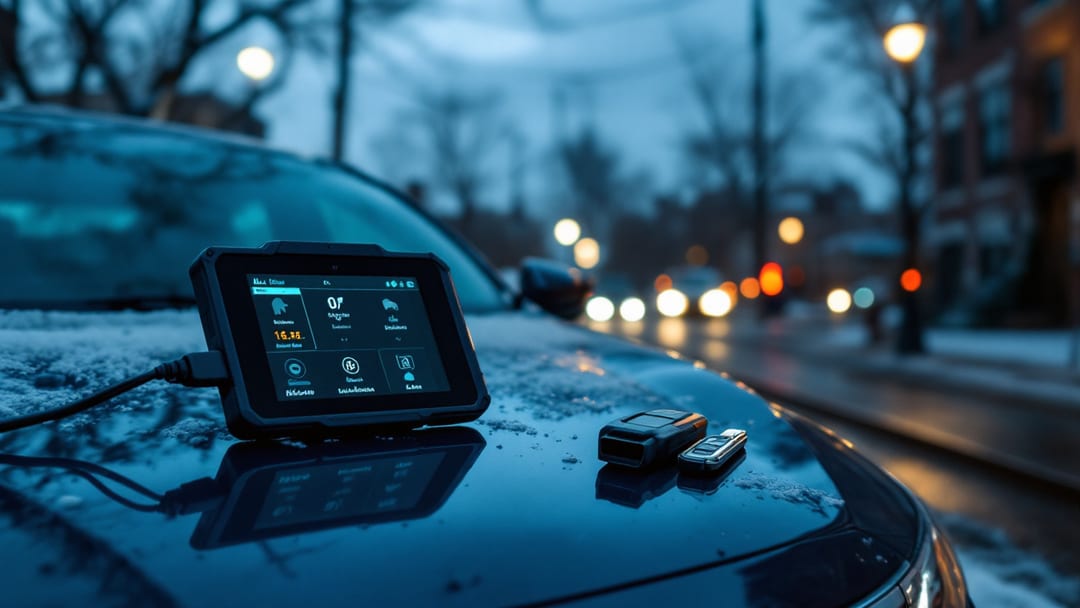 Honda Civic estacionado en una calle de ladrillo en Pilsen Chicago con una tablet de programación Autel y una llave smart Honda sobre el cofre
