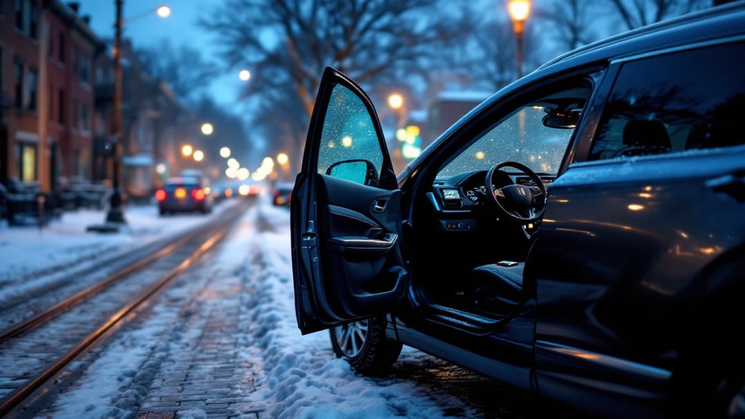 Cerrajero móvil conectando una tablet de diagnóstico al puerto OBD de un Honda en una calle nevada de Pilsen, Chicago, para programación all-keys-lost