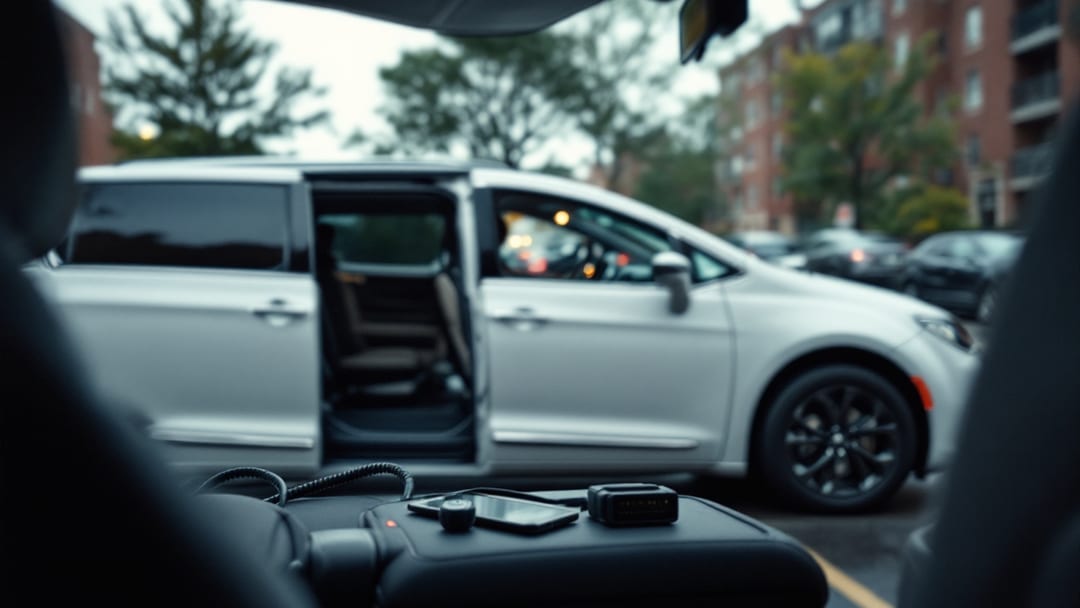 Llave de proximidad de Chrysler Pacifica junto a un equipo de diagnóstico conectado al puerto OBD de una minivan en Chicago