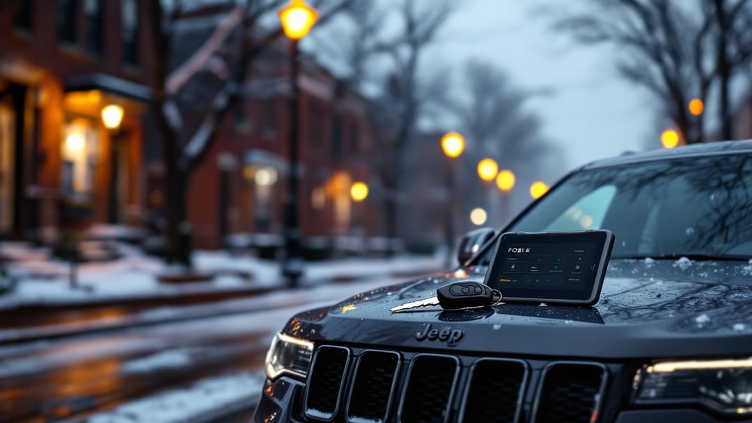 Jeep Grand Cherokee estacionado en calle nevada de Chicago con tablet de programación Autel y FOBIK sobre el capó