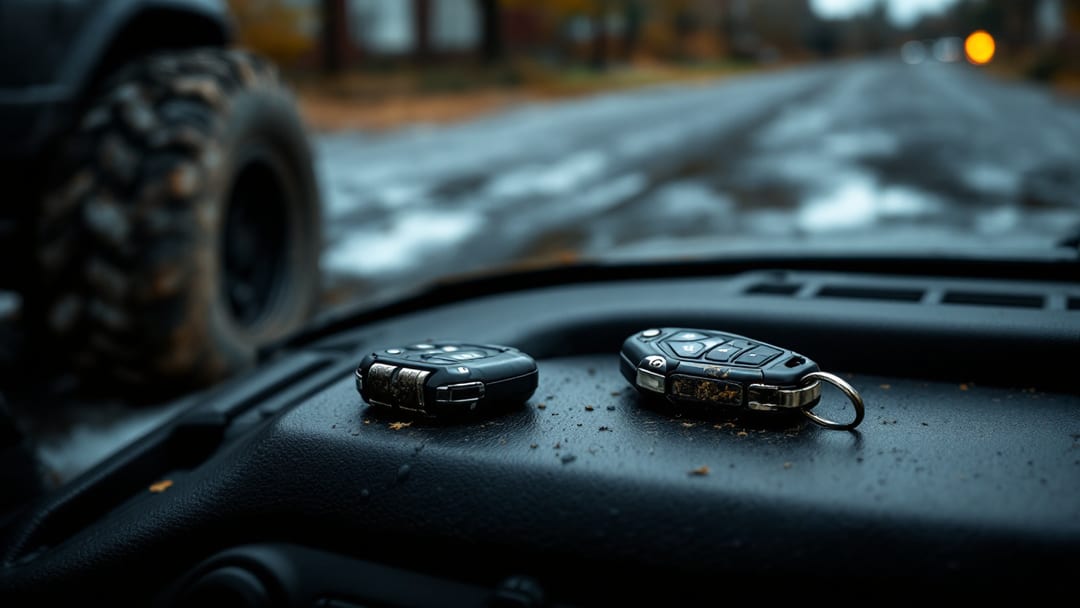 Llave de Jeep con control remoto sobre el tablero de una SUV todoterreno estacionada en una calle de Chicago