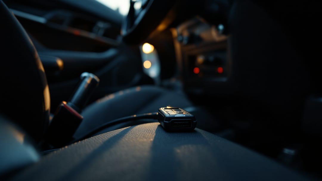 Conector de diagnóstico OBD con su cable en el interior de un vehículo durante la programación de una llave en Chicago