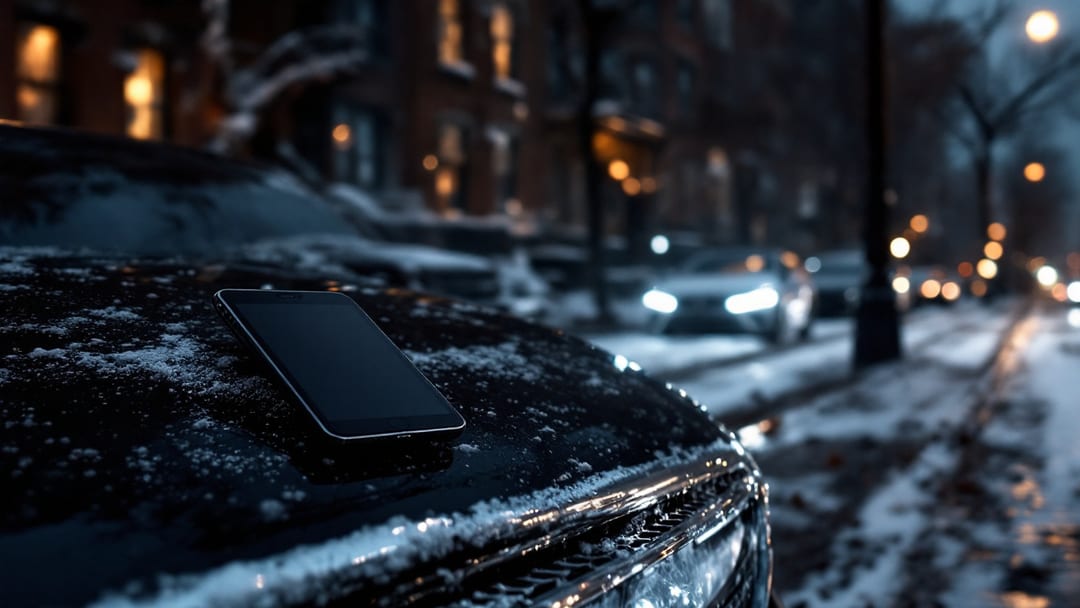 Llave infrarroja Mercedes-Benz y herramienta de programación EIS sobre el capó de un sedán Mercedes en una calle nevada de Chicago