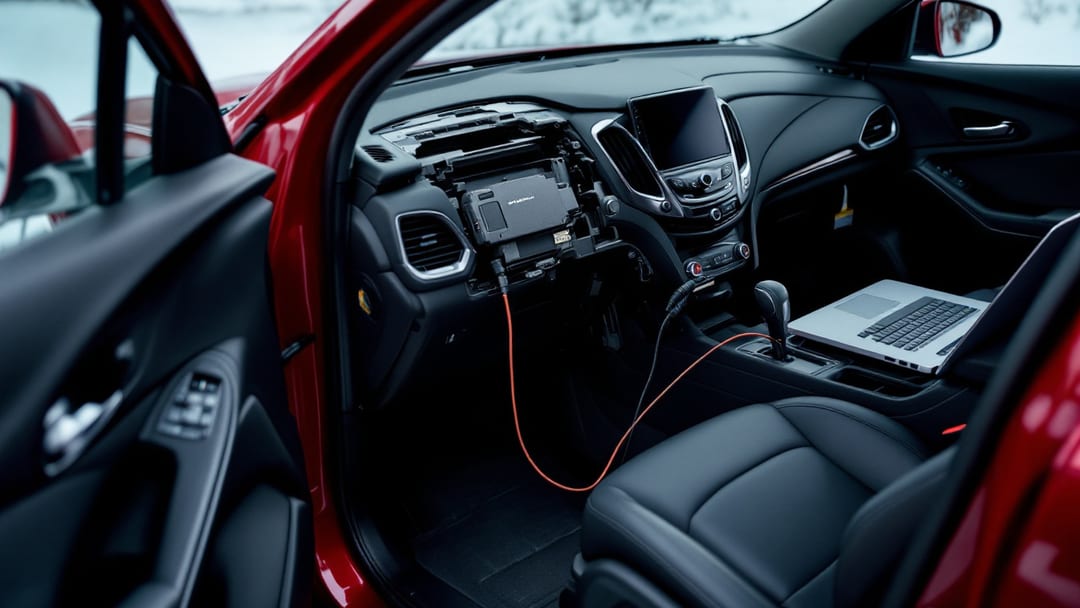 Equipo de diagnóstico conectado bajo el tablero de un Chevrolet Equinox durante la programación del módulo BCM en Chicago
