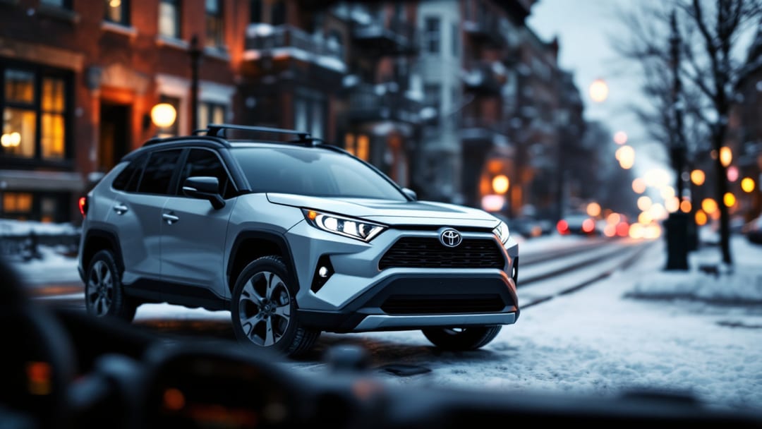 Smart key de proximidad de Toyota RAV4 y tablet de programación sobre el tablero de un carro en una calle nevada de Chicago