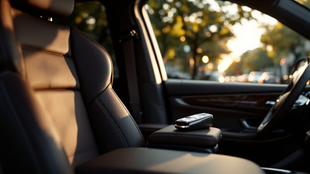 Llave inteligente de una SUV de lujo sobre el asiento de piel de un vehículo estacionado en Chicago