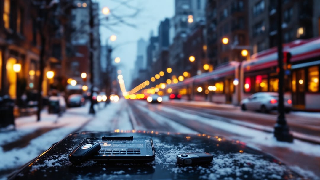 Llave inteligente comfort access de BMW y herramienta de programación sobre el capó de un BMW Serie 3 en una calle nevada de Chicago