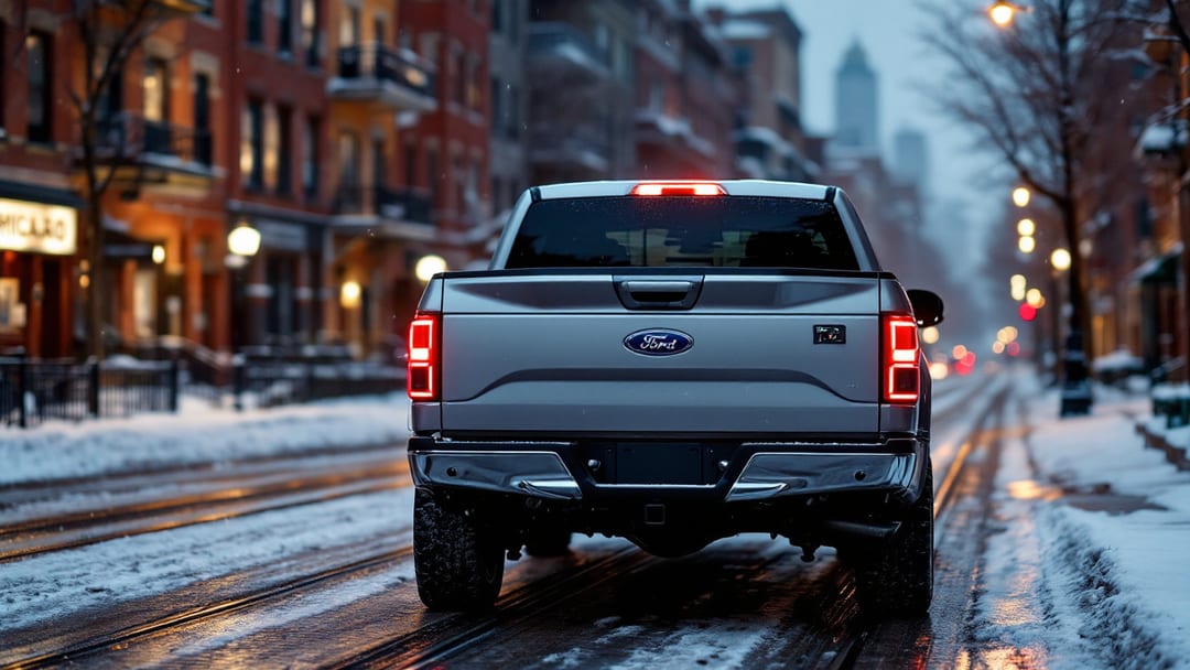 Ford F-150 plateada estacionada en una calle nevada de two-flats de ladrillo en Chicago con una tablet de programación y una llave transponder cortada sobre la caja