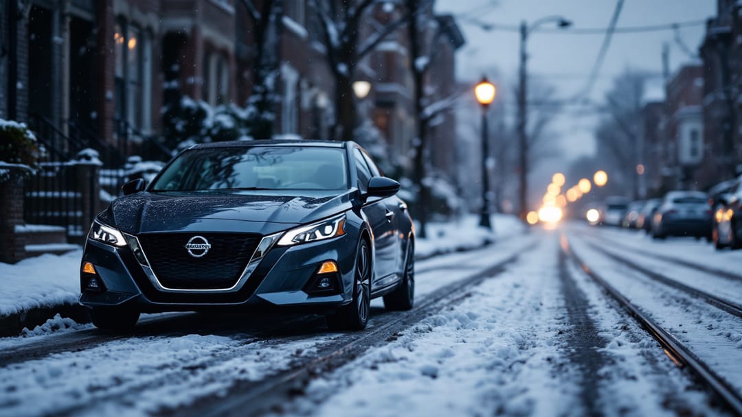 Llave inteligente Nissan Altima y transmisor cortado sobre el cofre de un carro en una calle nevada de Chicago