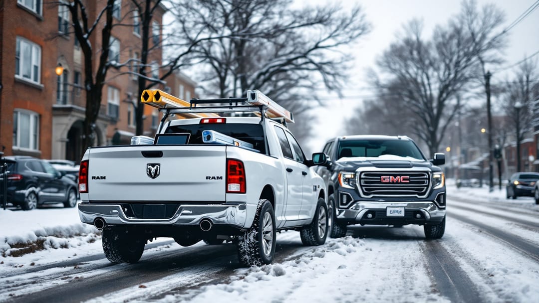 Camioneta RAM 1500 de trabajo estacionada en una calle nevada de Cicero Chicago con la tablet de programación de un cerrajero móvil sobre la caja