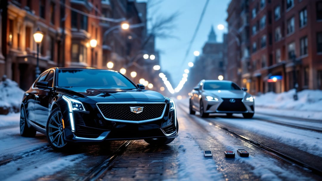 Smart key de proximidad Lexus y fob Cadillac sobre el capó de un sedán de lujo en una calle nevada de Chicago con vías del El al fondo