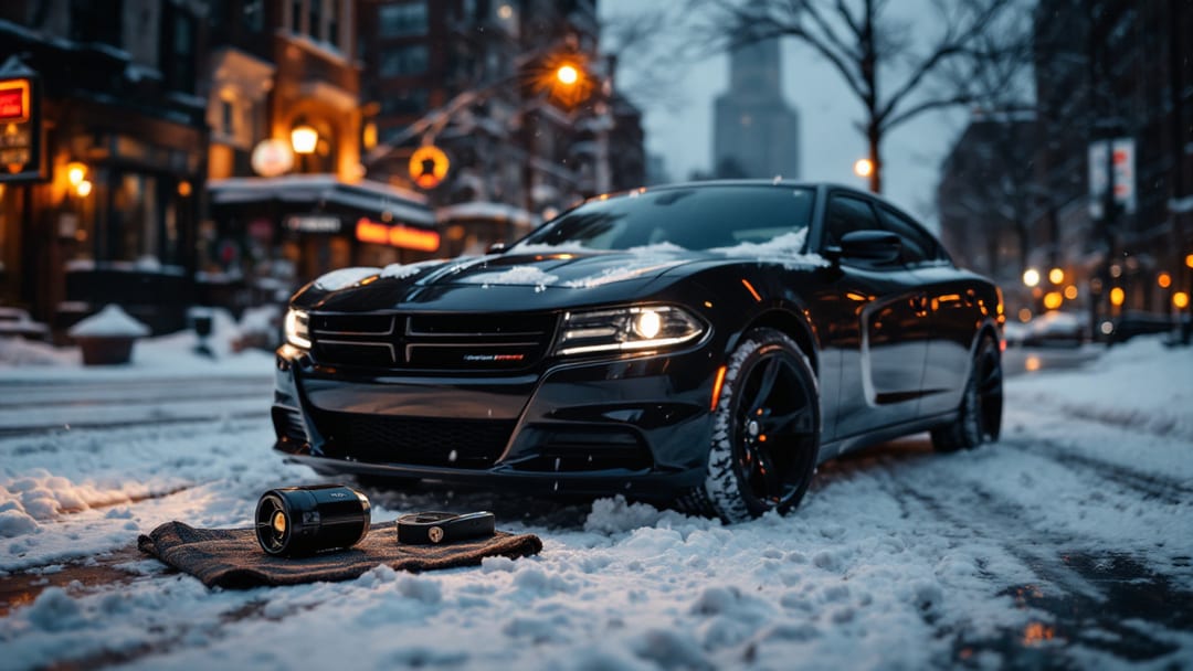 Dodge Charger negro estacionado en una calle nevada de Chicago mientras un cerrajero móvil repara el cilindro de ignición