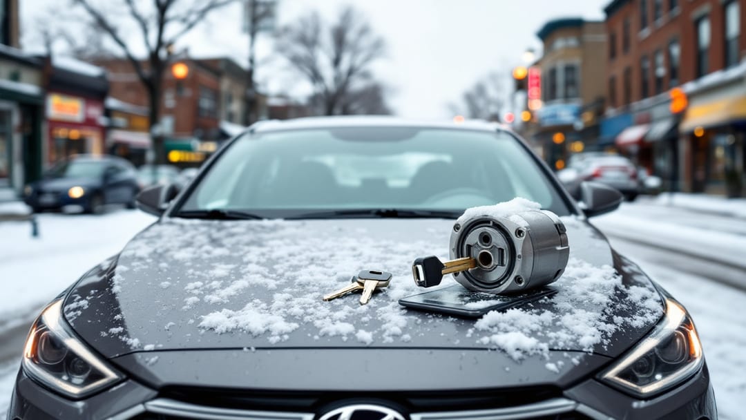 Cilindro de ignición dañado de un Kia junto a una llave transponder cortada en el capó, calle de ladrillo de Chicago en invierno
